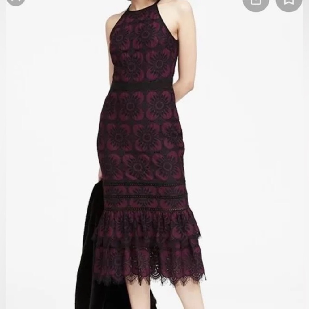NWT Banana Republic Halter Style Floral Lace Midi Dress w Double Flounced Skirt